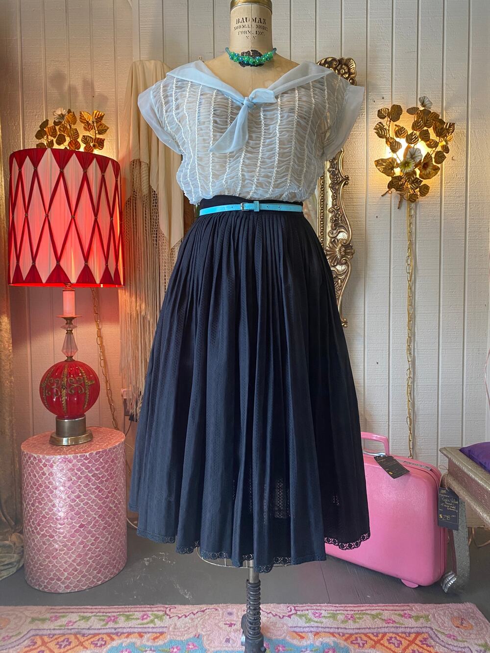 vintage 1950s black cotton full gathered skirt, pointelle, modern jr, rockabilly